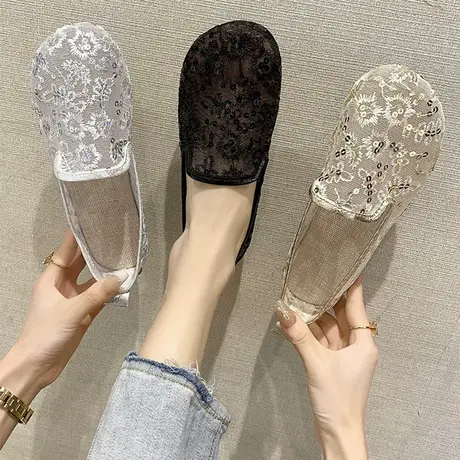 单鞋女2023年新款春夏平底蕾丝网面镂空透气平底一脚蹬懒人豆豆鞋商品大图