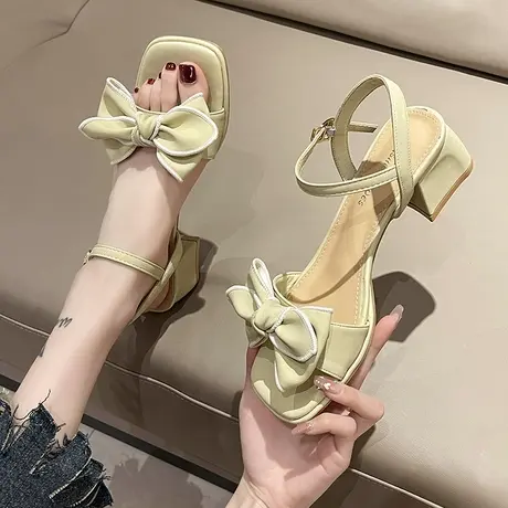 仙女风配裙子露趾凉鞋女2023夏季新款法式蝴蝶结一字带粗跟高跟鞋商品大图