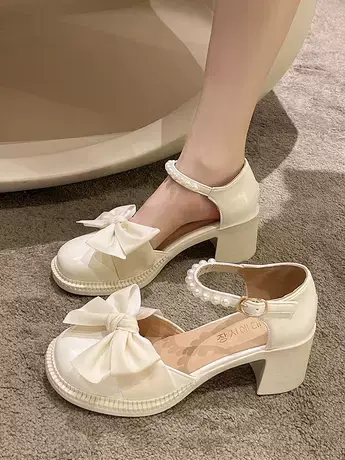 配裙子凉鞋子女款2023夏季新款百搭小个子粗跟珍珠气质温柔高跟鞋图片