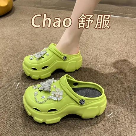 厚底高跟洞洞鞋女时尚蝴蝶结水钻花朵沙滩防滑包头凉拖鞋夏季外穿商品大图