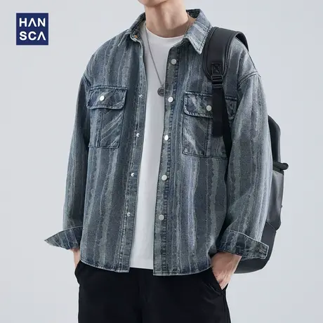 hansca水洗条纹牛仔衬衫男长袖秋季日系复古潮牌宽松休闲衬衣外套图片