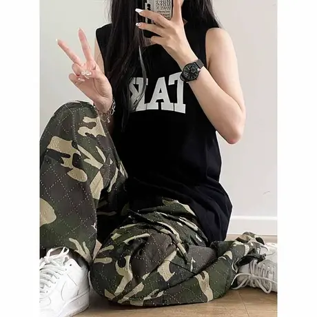 美式复古纯棉港风吊带运动坎肩背心无袖t恤女夏外穿宽松挂脖上衣商品大图