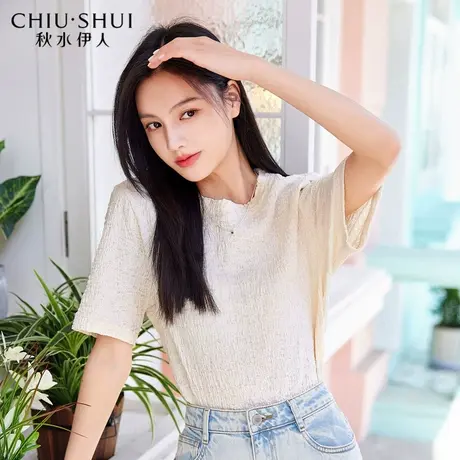 秋水伊人设计感t恤2023夏季新款褶皱小众直筒短袖女图片