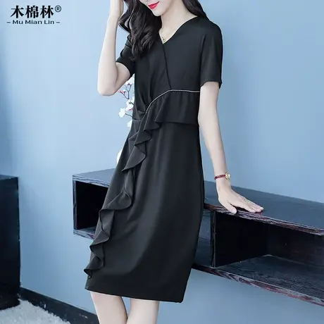 气质通勤V领荷叶边大码女装连衣裙2024夏季胖mm宽松遮肚显瘦裙子图片