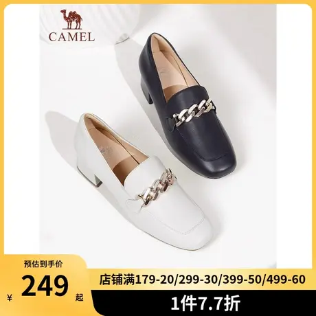 骆驼女鞋2023春秋新款英伦风小皮鞋真皮粗跟女单鞋一脚蹬乐福鞋女图片