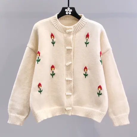 日系温柔风牛角扣绣花针织开衫女2023年春装新款宽松减龄毛衣外套图片