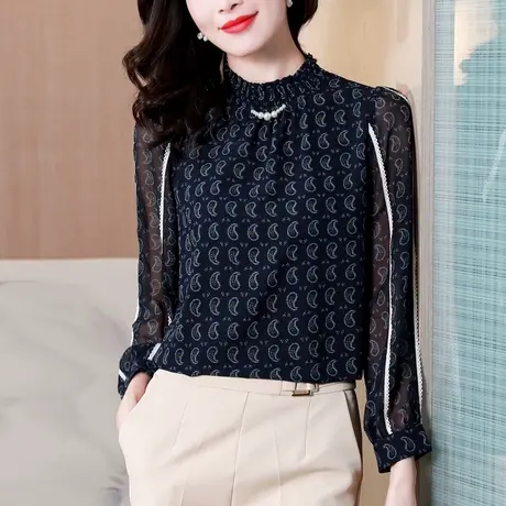 雪纺衫女2023年新款春秋季长袖上衣漂亮时尚衬衫洋气高端别致小衫图片