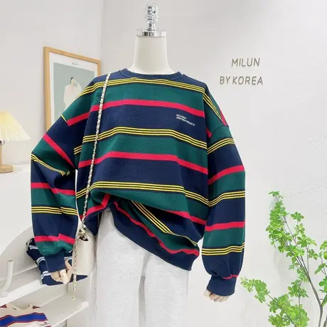 小众设计感上衣2022秋季韩国东大门字母撞色条纹长袖卫衣慵懒风潮商品大图