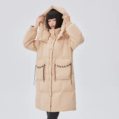 艾莱依鸭绒国风秋冬羽绒服女设计感小众个性织带连帽宽松长款外套商品大图