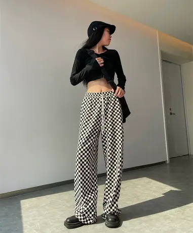 格子裤女夏季薄款2023年新款高腰直筒休闲裤子夏小个子垂感阔腿裤商品大图