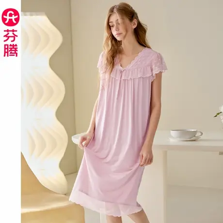 芬腾女士睡裙夏季纯棉短袖睡衣中长裙新款透气可外穿家居服连衣裙图片