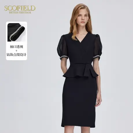 Scofield女装假两件连衣裙泡泡袖镶钻石装饰黑色长裙秋季裙子图片