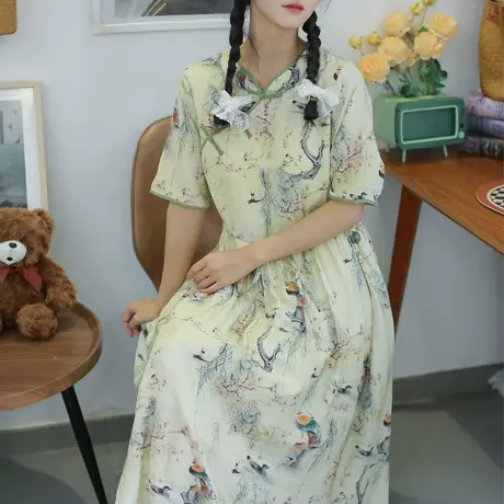 胖妹妹2025大码棉质亲肤新中式鸳鸯印花优雅旗袍裙商品大图