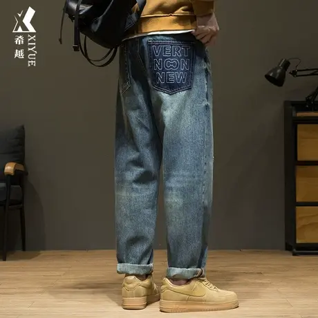 希越美式复古水洗牛仔裤男秋季宽松大码潮流口袋刺绣耐磨直筒长裤商品大图