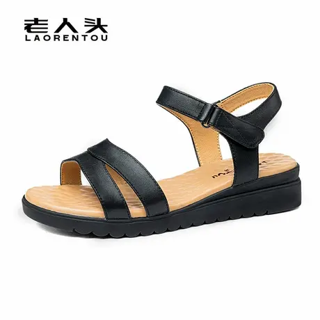 老人头女鞋2025夏季新款真皮平底防滑妈妈鞋软底中老年坡跟凉鞋女商品大图