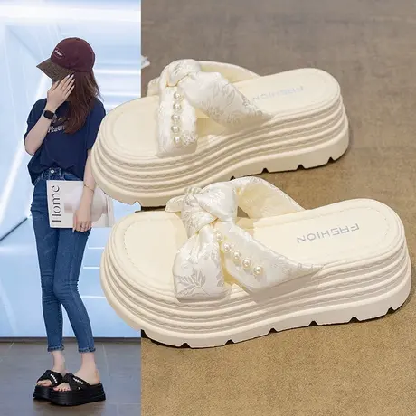 2025新款厚底凉拖鞋女夏外穿蝴蝶结珍珠一字拖鞋时尚百搭沙滩鞋商品大图