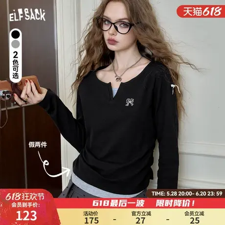 妖精的口袋华夫格假两件黑色长袖t恤女25早春新款蝴蝶结刺绣上衣商品大图