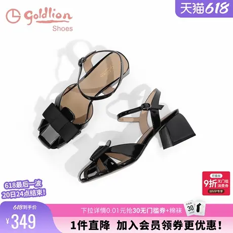 金利来中跟女鞋夏季新款时尚蝴蝶结真皮黑色仙女风粗跟时装凉鞋女图片