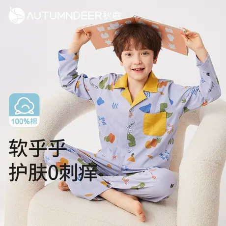 秋鹿纯棉儿童家居服套装男柔软透气吸汗春秋恐龙印花长袖长裤睡衣商品大图