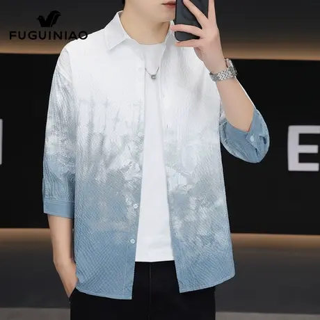 富贵鸟七分袖衬衫男士夏季2025新款潮流渐变上衣服半袖衬衣男外套商品大图