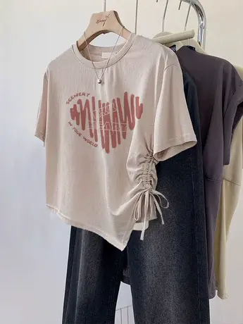 港风t恤女抽绳设计感不规则ins潮牌短袖夏季胖mm甜美短款绝美上衣商品大图