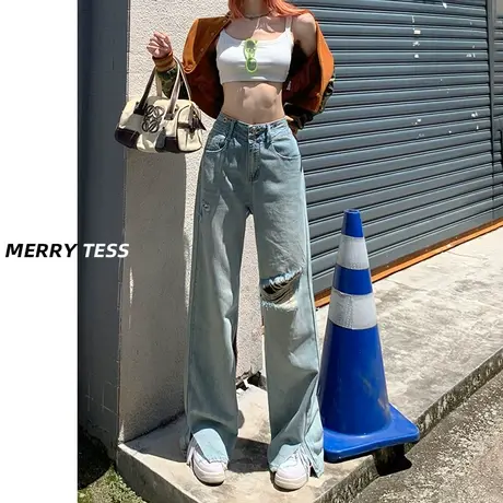 破洞开叉阔腿牛仔裤女2023年秋季新款设计感宽松小众百搭直筒裤子商品大图