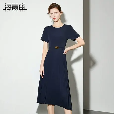 海青蓝2025夏季新款气质优雅修身显瘦百褶裙短袖长款藏蓝色连衣裙图片