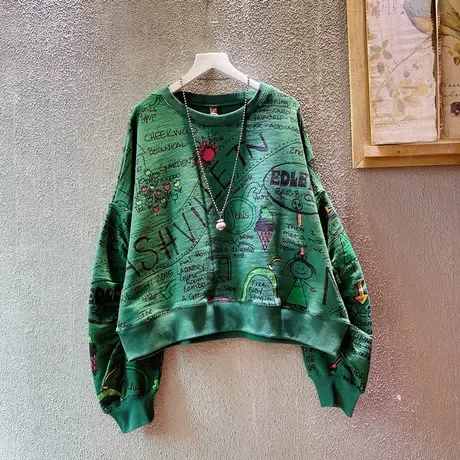 涂鸦圆领卫衣女2022春秋新品宽松百搭可爱娃娃减龄洋气薄款外套潮图片