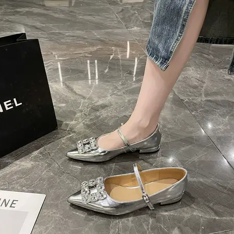 玛丽珍鞋女2023年春秋季新款水钻方扣浅口法式单鞋平底银色小皮鞋商品大图