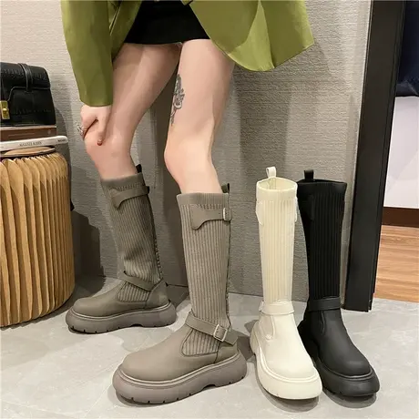 小个子增高针织弹力靴女2023秋冬新款厚底长筒靴百搭长靴袜靴子潮商品大图