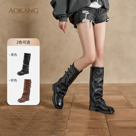 奥康女鞋 冬季新款褶皱堆堆靴西部牛仔粗跟长筒骑士靴时装靴商品大图