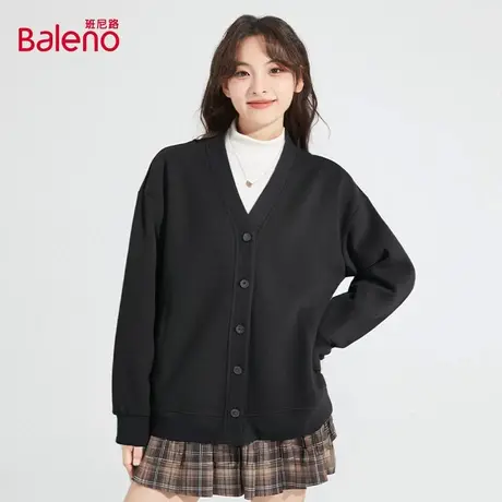 班尼路黑色宽松V领开衫女2025春秋季慵懒风宽松显瘦户外休闲外套Q图片