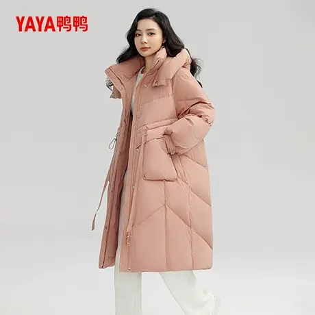 鸭鸭羽绒服女款中长款纯色2024冬季新款连帽时尚百搭简约厚外套A商品大图
