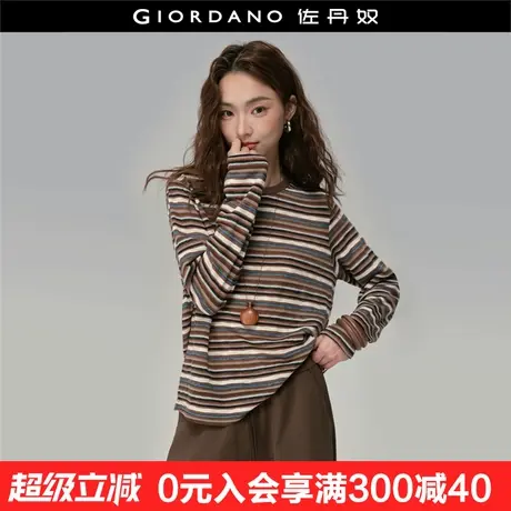 设计师款佐丹奴长袖t恤女秋冬新款肌理复古宽松条纹上衣18325618商品大图