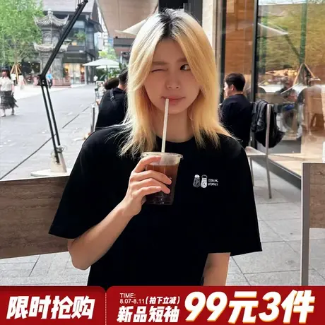 2025新款爆款宽松正肩休闲重磅黑色短袖t恤女韩系简约风半袖上衣图片