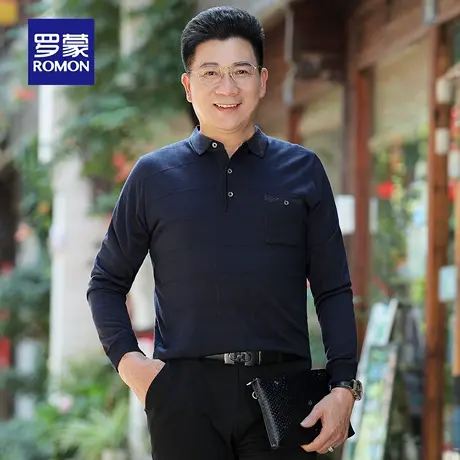 罗蒙男士商务休闲长袖针织衫2025秋季新款中老年爸爸装翻领毛衣男商品大图