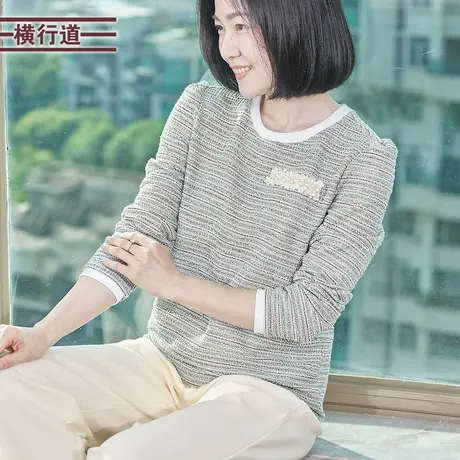 珍珠小香风撞色圆领上衣长袖秋装针织T恤衫休闲宽松外搭女士小衫商品大图