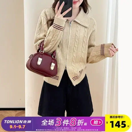 唐狮2025秋冬学院风设计翻领拉链开衫女针织外套春秋高级感毛衣女商品大图