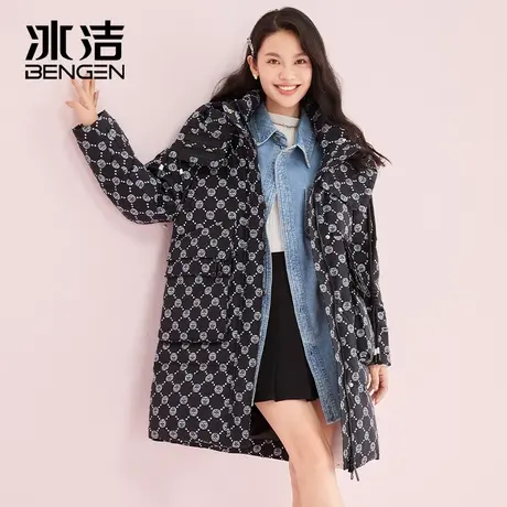 冰洁秋冬新款时尚酷帅中性连帽满印老虎女士长款羽绒服加厚保暖HM图片