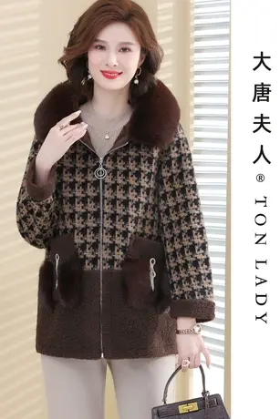 妈妈秋冬千鸟格子外套连帽毛领中老年女款初冬摇粒绒拼接格尼上衣图片