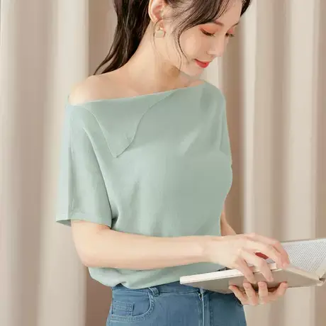 桔熊夏季韩版通勤露单肩斜领薄款针织衫舒适短袖上衣女大码FA2559图片
