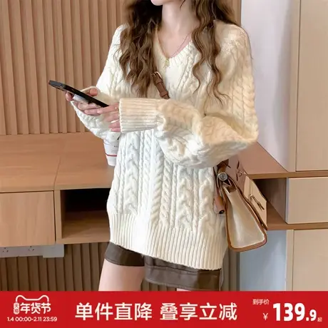 唐狮2026秋冬慵懒风显瘦V领中长款套头女式毛衣气质温柔上衣女潮商品大图