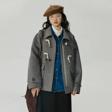 omont蛋挞家 灰色短款毛呢外套女秋冬新款小个子羊毛牛角扣大衣女商品大图