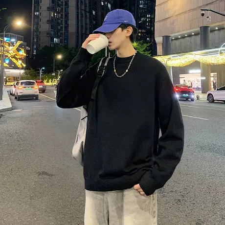 唐狮秋冬新款圆领男士毛衣净色套头毛衫韩系休闲宽松内搭百搭TD商品大图