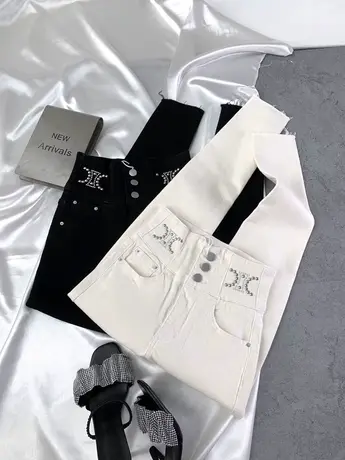 韩版排扣金属装饰牛仔铅笔裤2023秋季新款高腰显瘦白色弹力小脚裤商品大图