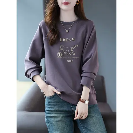 宝诗黎圆领字母印花棉质宽松卫衣2023新款百搭休闲春秋长袖上衣女商品大图