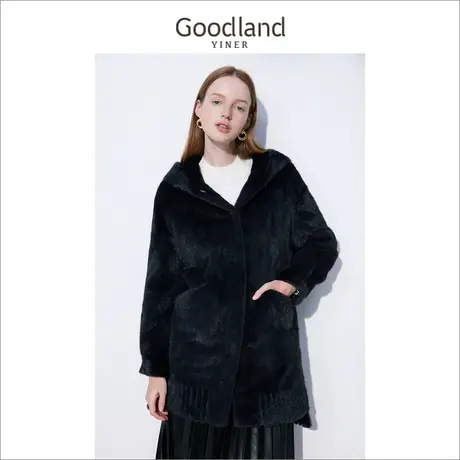 代退-音儿美地女装2022冬新款下摆开叉连帽中长款水貂皮草高级感商品大图