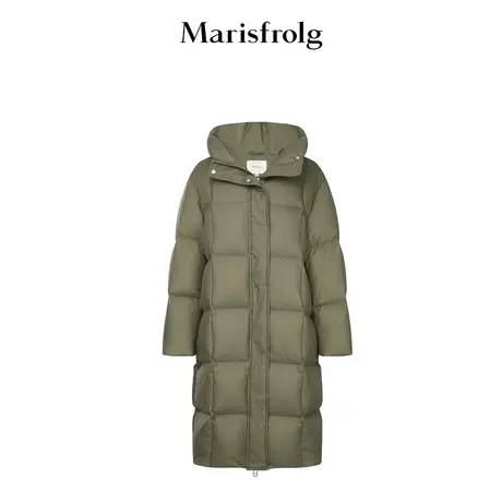 【修身羽绒服】玛丝菲尔冬季豆绿色连帽长款白鹅绒羽绒服女商品大图