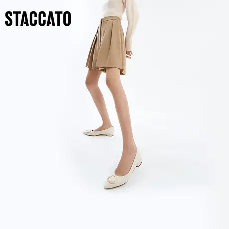 思加图新款奶油鞋尖头通勤粗跟单鞋低跟鞋女皮鞋EBZ20AQ2图片