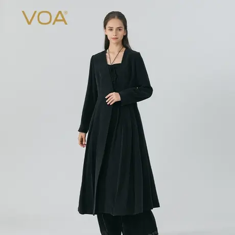 VOA条纹黑41姆米无界重磅桑蚕丝V领长袖一粒扣裙摆式真丝风衣秋图片